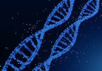 DNA helix on dark blue background. Three-dimensional dna helix symbolizes science of genetics. Dna...