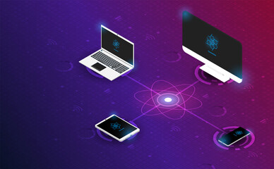 isometric Computer smartphone tablet and laptop conncected on system grid background. Futuristic concept. vector and illustration