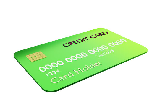Bright green credit card. Bank card made of plastic on white background. Credit card design with gold chip. Illustration on theme of banking products. Concept of obtaining bank loan at ATM. 3d image