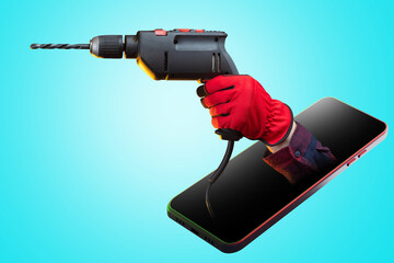 Hand with a drill sticks out of smartphone screen. Metaphor of buying construction tools on...