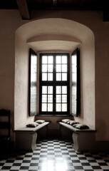 interior view of window in the old (Zavattarello) Medieval castle in small village in the hilly area of (Italian name: Castello del Verme - Oltrepo Pavese)