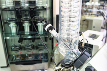 Microbiologist laboratory equipment. Equipment for microbiological synthesis. Glass spiral laboratory equipment. Concept microbiological synthesis in laboratory. Biotechnology in production medicines