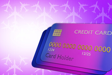 Credit card travel. Bank card travelers. Purchase of air tickets. Card buying air tickets. Silhouettes of aircraft on purple background. Bank credit for travel. Travel shopping metaphor. 3d image