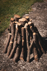 Top view of chopped wood logs prepared for heating houses in winter time. Firewood industry, concept of fuel