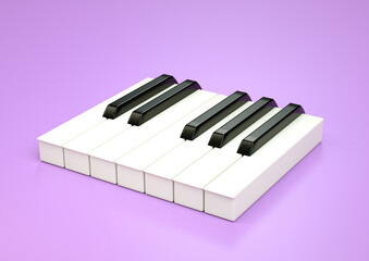 7 piano keys, one octave. Music concept. 3D rendering isolated on purple background