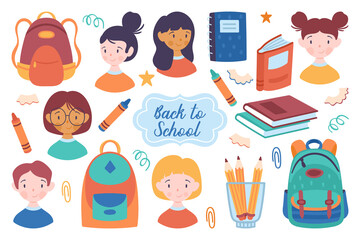 Back to school cute kids avatar, backpack and books set. Childish print for cards, posters, invitations and stickers