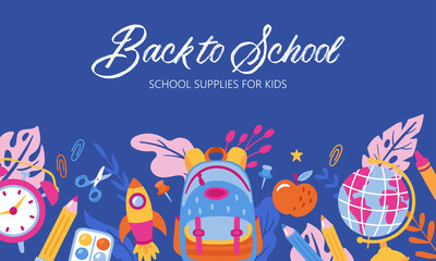 Fototapeta premium Back to school cute banner design. Childish print for cards, posters and background template