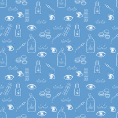 Seamless pattern with contact lenses, eyes and health care devises. Ophthalmology background. vector illustration.