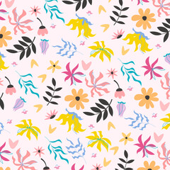 Abstract flat hand draw floral pattern background. Vector.