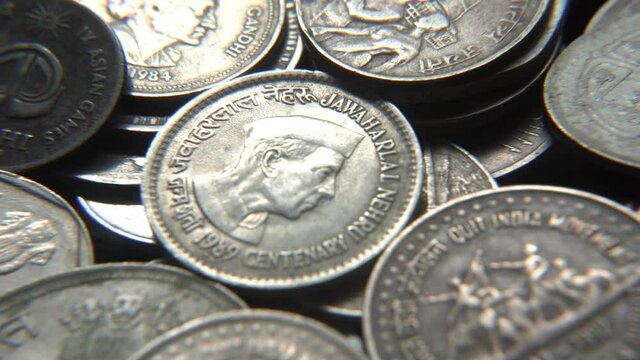 Vintage coins of India, Jawaharlal Nehru and Indra Gandhi picture on a Indian vintage coin, Selective, focus, India 