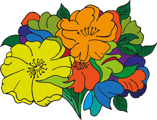 vector illustration of garden flowers, handwritten composition of flowers on a postcard