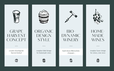 Template of homemade wines label design set. Vector winemaking icons. House-wine badges. Viticulture flyers and banners. Monochrome hand-drawn illustrations of wooden barrel, octave, cognac barrels.