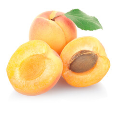 Apricot fruit with leaf isolated on white, clipping path included