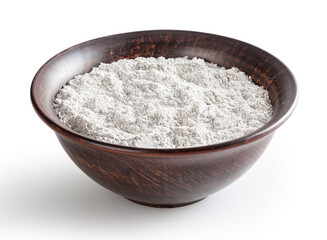 Rye flour in ceramic bowl isolated on white background with clipping path