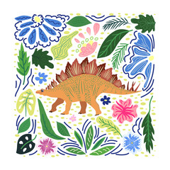 Stegosaurus yellow, prehistoric dinosaurs collection. Ancient animals. Hand drawn. In a frame of flowers and leaves