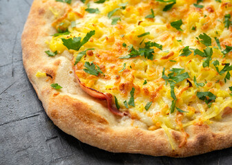 Homemade Potato, Ham Pizza with Mozzarella Cheese