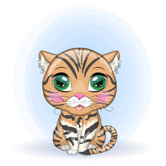 Black footed cat with beautiful eyes in cartoon style