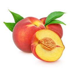 Red peaches whole and halved isolated on white