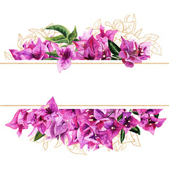 Frame with watercolor and golden bougainvillea flowers - obrazy, fototapety, plakaty