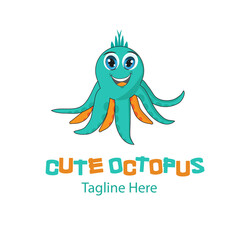 Cute Green Octopus logo mascot vector illustration design with dummy text on white background. Best suited for kid's logo or Seafood Logo.