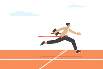 Fototapeta na wymiar Businessman is the winner in the race. A man at the finish of a treadmill. Business success concept. Vector illustration in trendy flat style