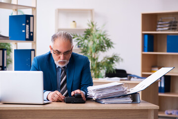 Old male bookkeeper unhappy with excessive work at workplace