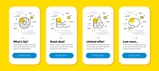 Vector set of Chemistry flask, Fan engine and Diagram chart line icons set. UI phone app screens with line icons. Talk bubble icon. Laboratory, Ventilator, Presentation graph. Chat message. Vector