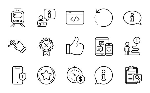 Technology icons set. Included icon as Reject medal, Loyalty star, Last minute signs. Recovery data, Train, Social media symbols. Like, Drag drop, Seo script. Smartphone protection. Vector