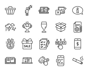 Vector set of Sale offer, Approved and Information line icons set. Checkbox, Open box and Web lectures icons. Survey checklist, Victory and Education signs. Sale offer web symbol. Vector