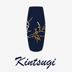 Renovated kintsugi japanese vase art color sketch engraving illustration. Kintsugi inscription