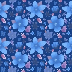 Seamless pattern of flowers on a blue background