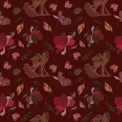 Seamless pattern of flowers on a red background