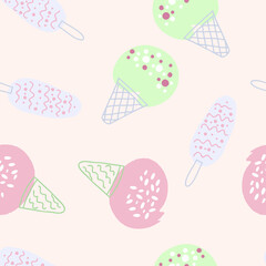 Seamless pattern tasty sweet delicious ice creams. Design for T-shirt, textile and prints. Hand drawn vector illustration for decor and design.
