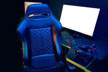 Professional gamers armchair cafe room with computer game blue color. Concept background...