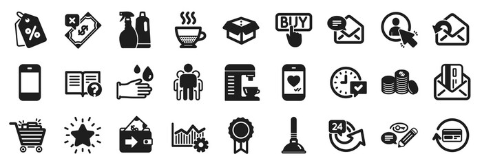 Set of simple icons, such as Help, User, Shopping cart icons. Rubber gloves, Rank star, Refund commission signs. Discount tags, Rejected payment, Banking money. Plunger, Select alarm. Vector