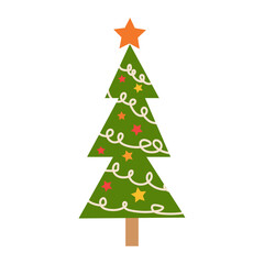 Hand drawing fir tree, Christmas ornaments, stars and snowflakes. Holiday poster with Christmas symbols.