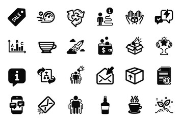 Vector Set of simple icons related to Tea cup, Megaphone box and Scotch bottle icons. Phone messages, Hold box and Cappuccino signs. Survey results, Technical algorithm and Victory. E-mail. Vector