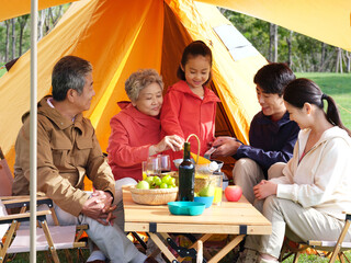A happy family of five having a picnic outdoors