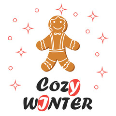 red striped Christmas and New Year's minimal simple postcard with gingerbread man and space for your text.