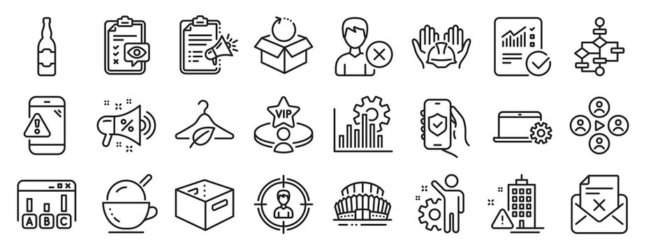 Set of Business icons, such as Eye checklist, Headhunting, Video conference icons. Megaphone checklist, Building warning, Remove account signs. Notebook service, Seo graph, Builders union. Vector