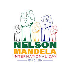 Vector illustration International Nelson Mandela Day 18th July. Raising hands on South African Map colors