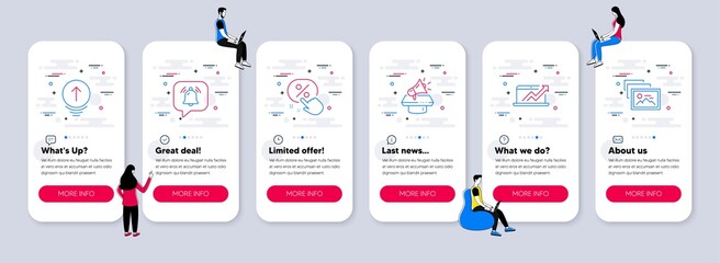 Naklejka premium Vector Set of Technology icons related to Notification bubble, Sales diagram and Megaphone icons. UI phone app screens with teamwork. Discount button, Swipe up and Photo album line symbols. Vector