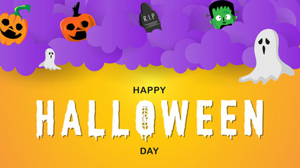 Happy Halloween day background with cloud and element in halloween day on orange background , vector illustration EPS 10