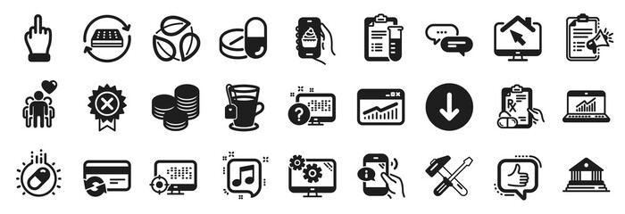 Set of Business icons, such as Medical drugs, Mattress, Scroll down icons. Settings, Hammer tool, Middle finger signs. Musical note, Dots message, Tea. Work home, Food app, Capsule pill. Vector
