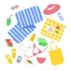 Beach essentials for perfect day in the sun. Summer vacation travel beach stuff. Beach mat with picnic blanket, flip flops, towel and bikini, water bottle, sunscreen, sunglasses. Cartoon illustration