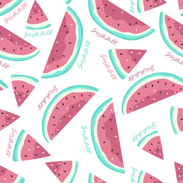 Seamless pattern with watermelon on white background. Sweet slices of watermelons.