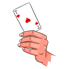 Gambling. Playing card in hand. Casino, luck, fortuna. Ace of hearts.