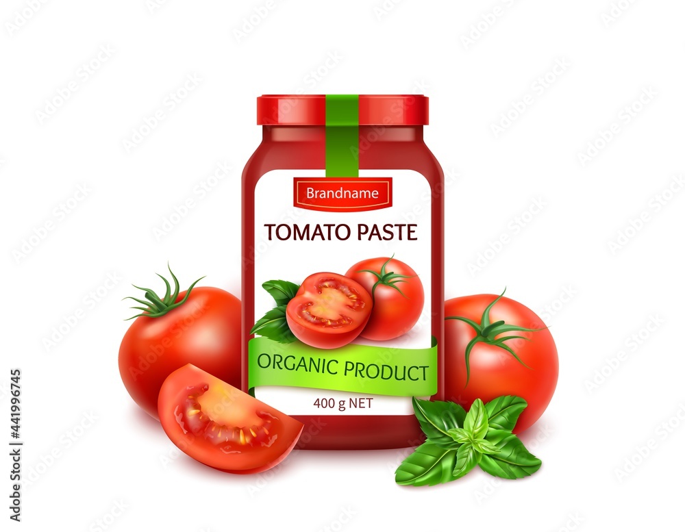 Wall mural Realistic Detailed 3d Natural Tomatoes Paste with Ripe Red Tomato Slices, Whole and Green Basil Leaves. Vector