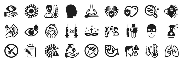 Set of Medical icons, such as Insurance hand, Coronavirus, No vaccine icons. Electronic thermometer, Thermometer, Skin condition signs. Wash hands, Vaccination passport, Clean skin. Lungs. Vector