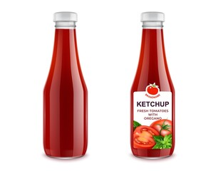 Realistic Detailed 3d Red Tomato Ketchup Bottle Set. Vector